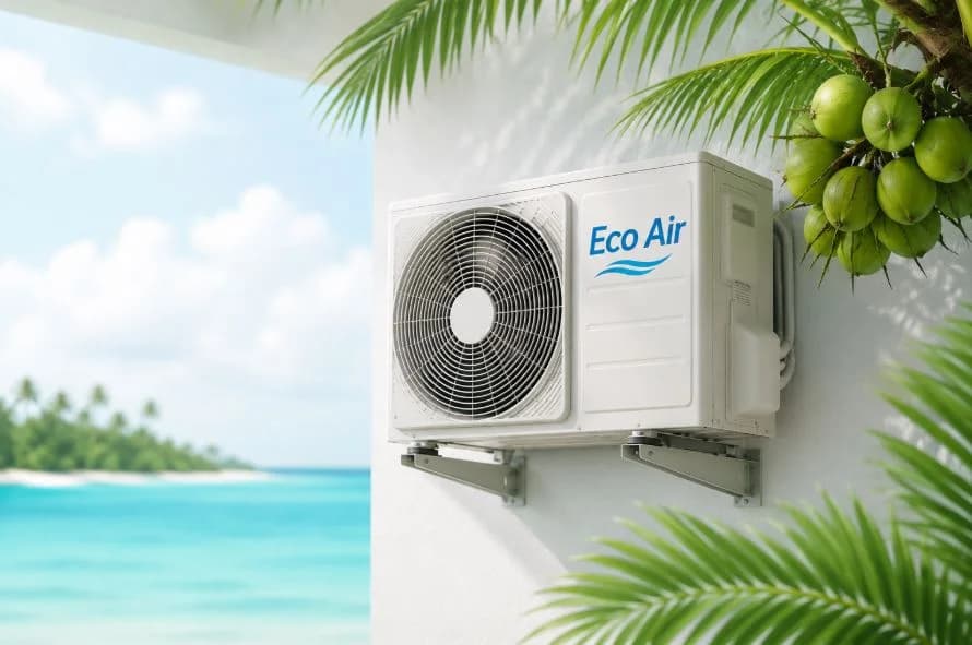 Eco Air outdoor AC unit beside a tropical Maldives lagoon