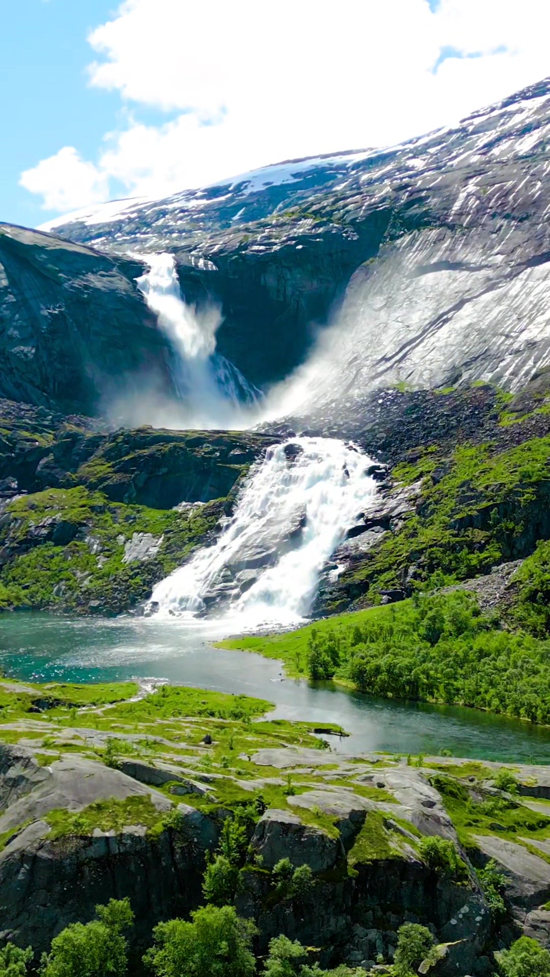 Revealing S&oslash;tefossen waterfall in Norway which plunges down over 246 meters in two steps #norway #waterfall #nature #sotefossen #travel #destination #earth #drone #reveal #fyp #scale #mountains #water #aerial #norge #natural #outdoor
