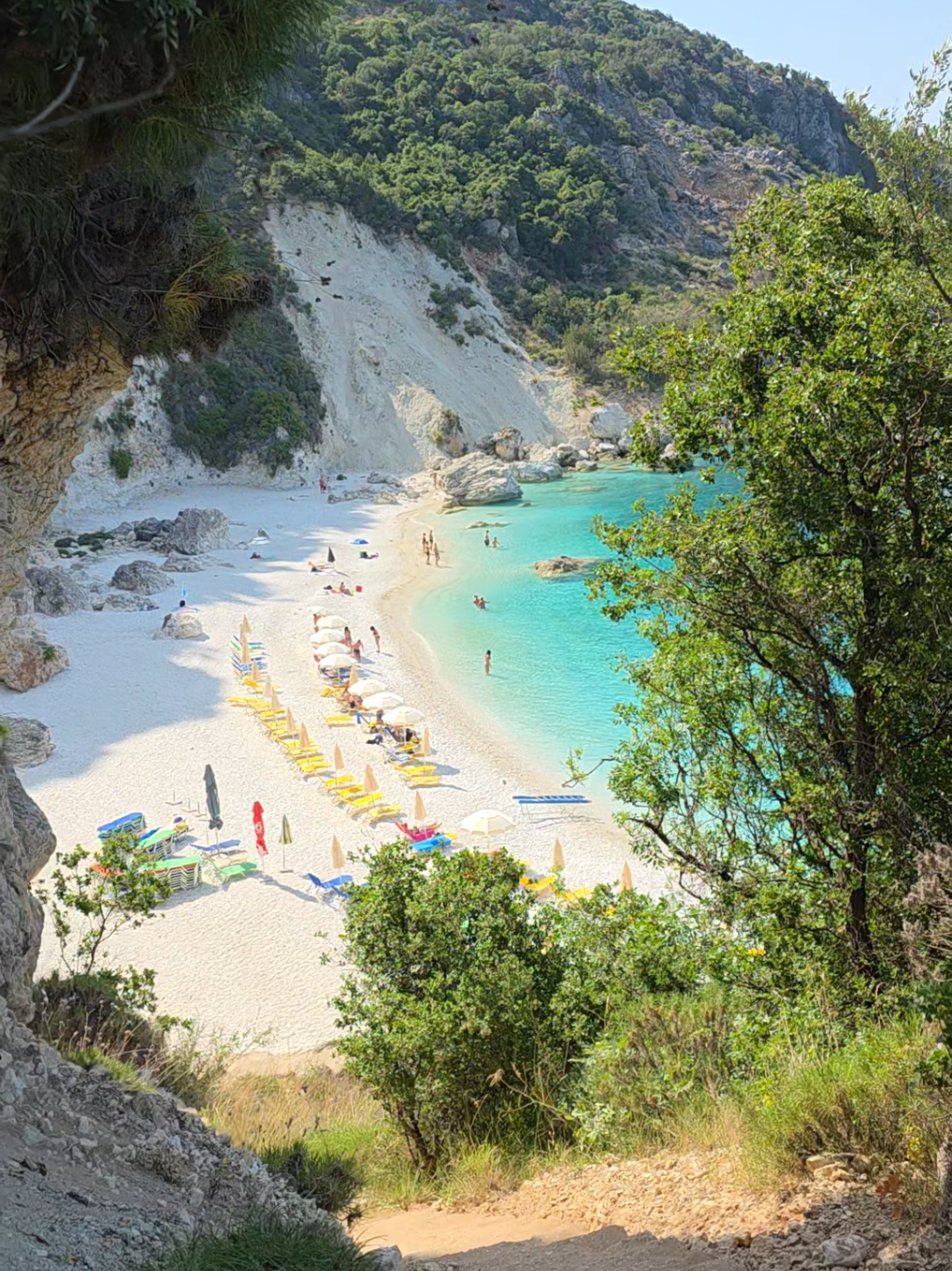 This journey begins with a winding road that cuts through a verdant forest, offering glimpses of the Ionian Sea through the trees. This tranquil drive soon gives way to a set of stairs, a delightful descent that builds anticipation with each step. Finally, the stairs open up to a breathtaking vista: a pristine gulf cradled by dramatic white cliffs, its waters so incredibly clear they appear almost translucent, inviting you to dive into their crystal embrace. #greece #summervibes #beachvibes #holydays #fyp #sunnyday #agiofillibeach