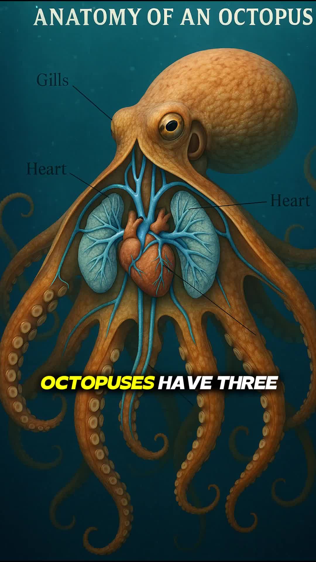 Octopuses are wild creatures 🐙💙 They have 3 hearts pumping copper-based blue blood&mdash;but when they swim, their main heart stops! That&rsquo;s why they crawl the seafloor instead. Evolution gave them extra hearts to survive 🌊 #octopus #ocean #nature #science #wildlife #viral #mindblown